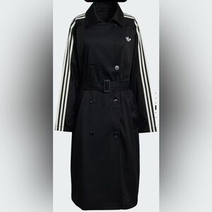 🆕 Adidas Originals Black Trench Coat with White Accents
